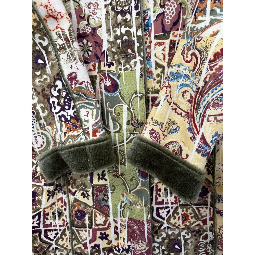 Chico's Vintage Paisley Print Faux Fur Lined Coat Jacket Boho Art To Wear Size 1 - Picture 8 of 11